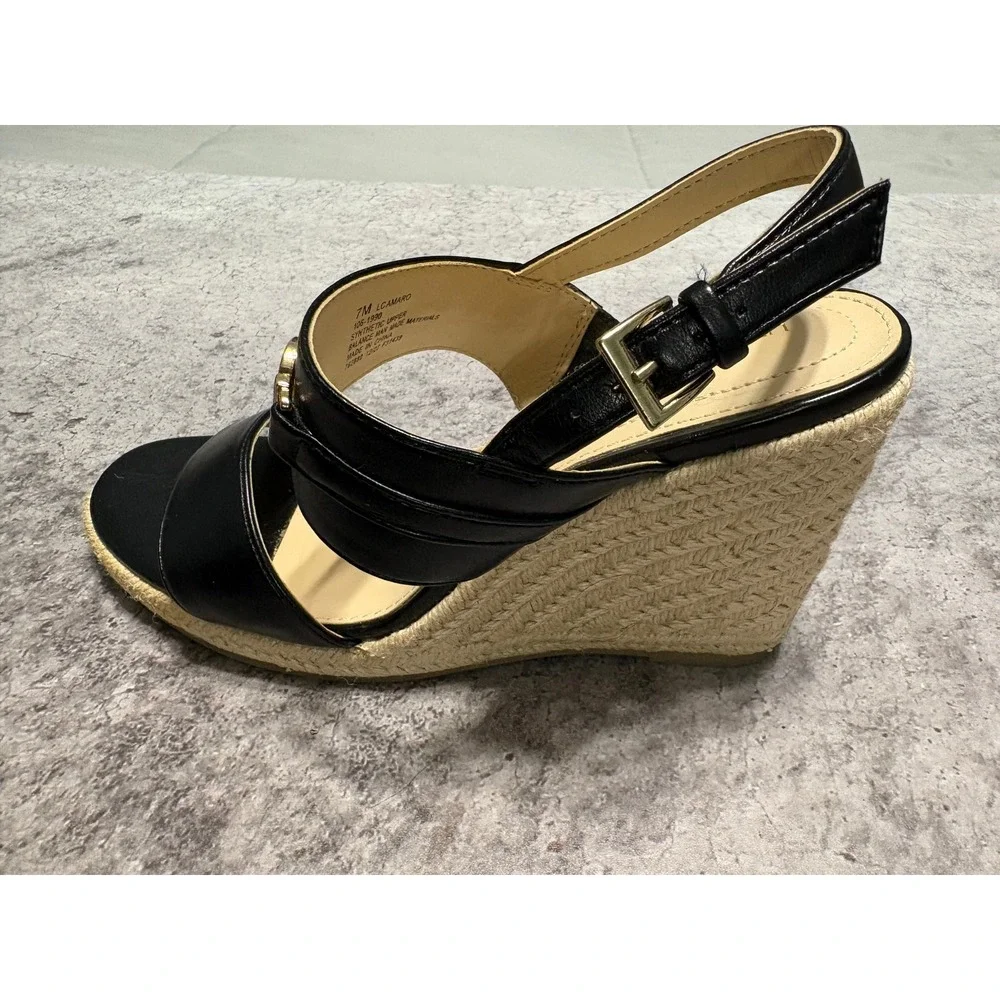 Liz Claiborne LC Amaro Black Espadrille Wedge Sandals Gold Link Accent Womens 7M